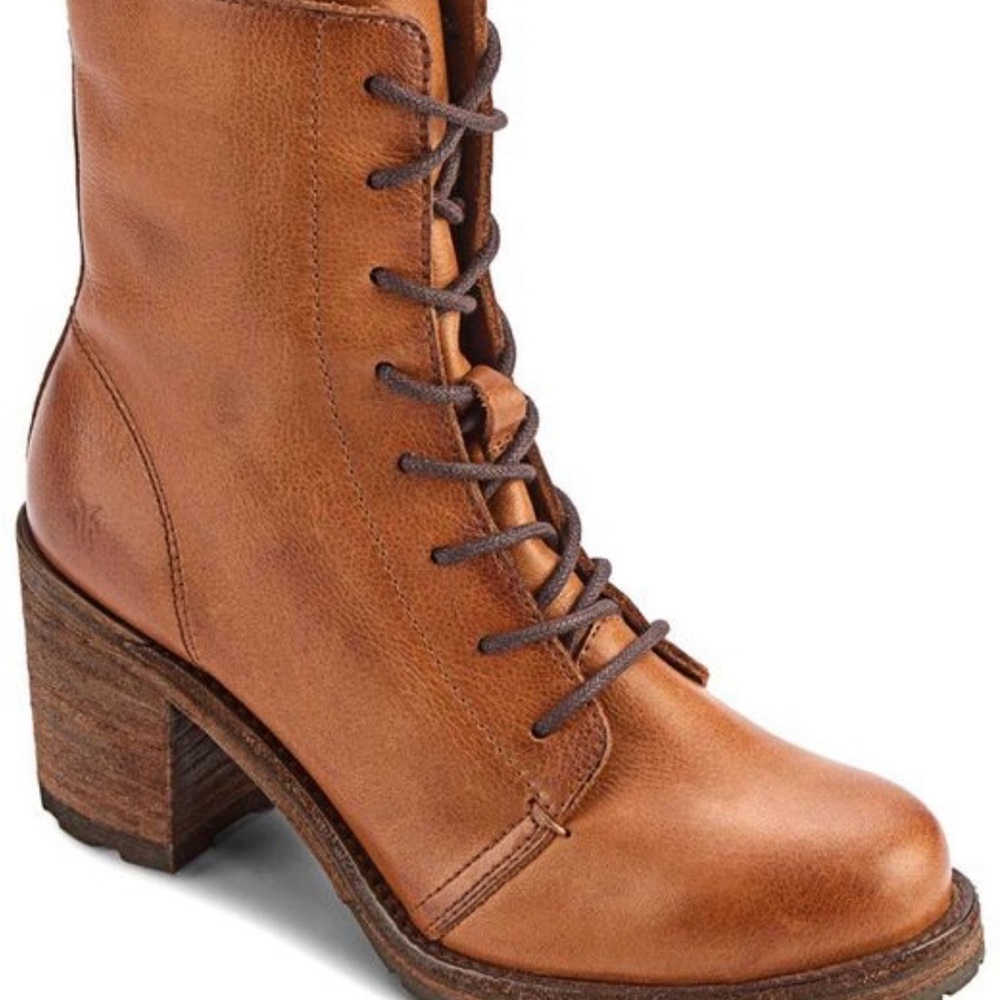 Frye Brown Leather Combat Boots with Lace-Up Design